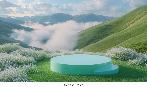 Pastel Green Product Display Stand in a Mountainous Landscape