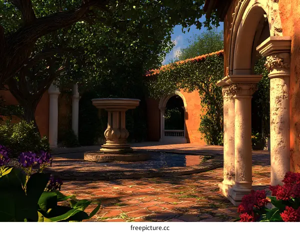 Beautiful Mediterranean Courtyard with Fountain
