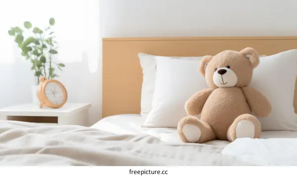 A cute teddy bear sitting on a bed