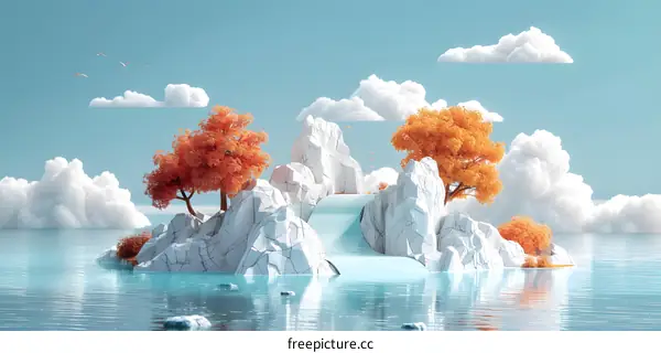 3D rendering of a rocky island with autumn trees and a waterfall