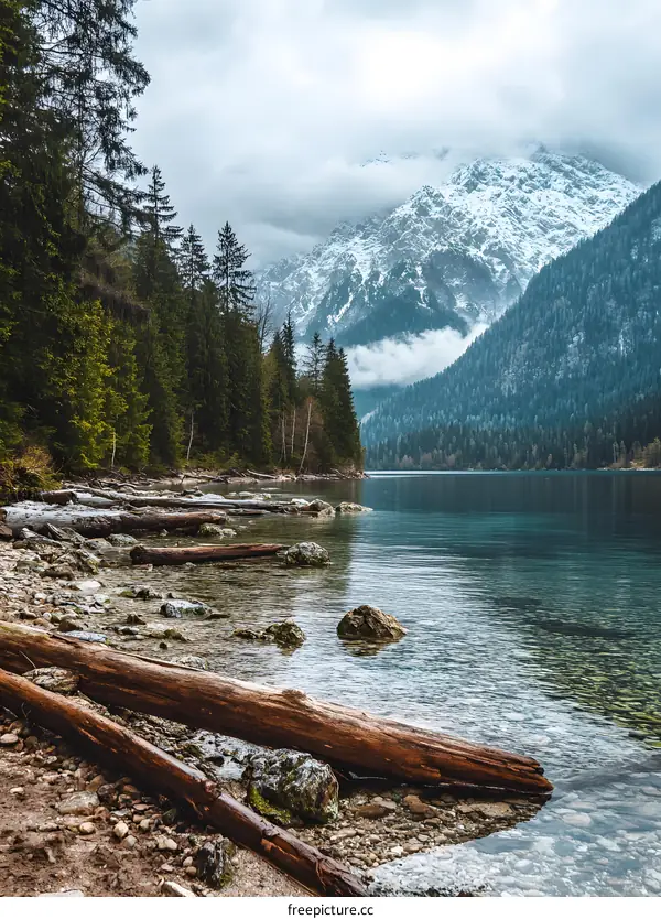 Mountain Lake Shore With Logs