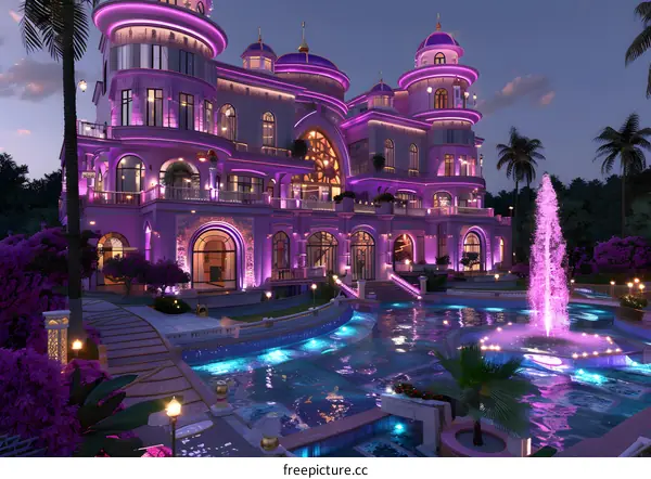 Purple Mansion with Pool and Fountain at Night