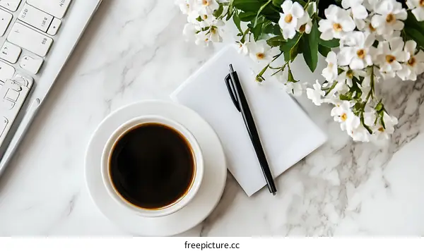Flatlay of Coffee, Pen, Notebook, and Flowers on Marble Table