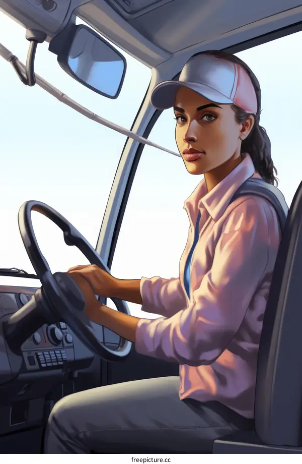 A woman wearing a cap is driving a truck