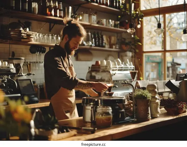 Focused barista making pour-over coffee in a cafe