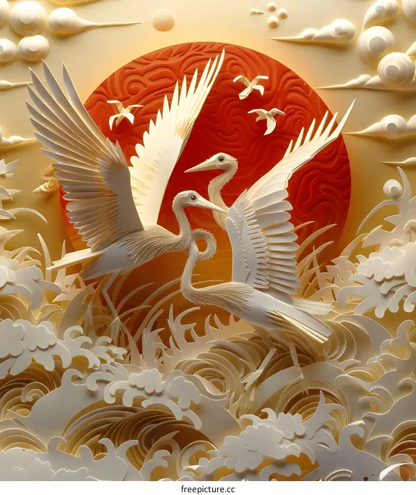 Two white egrets flying over a red sun and white waves