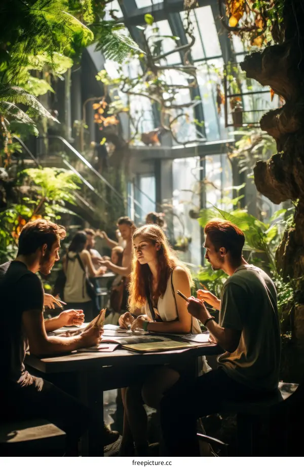 Three people sitting at a table in a greenhouse discussing plans