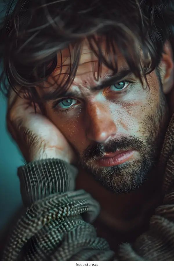 Portrait of a handsome man with green eyes and a beard