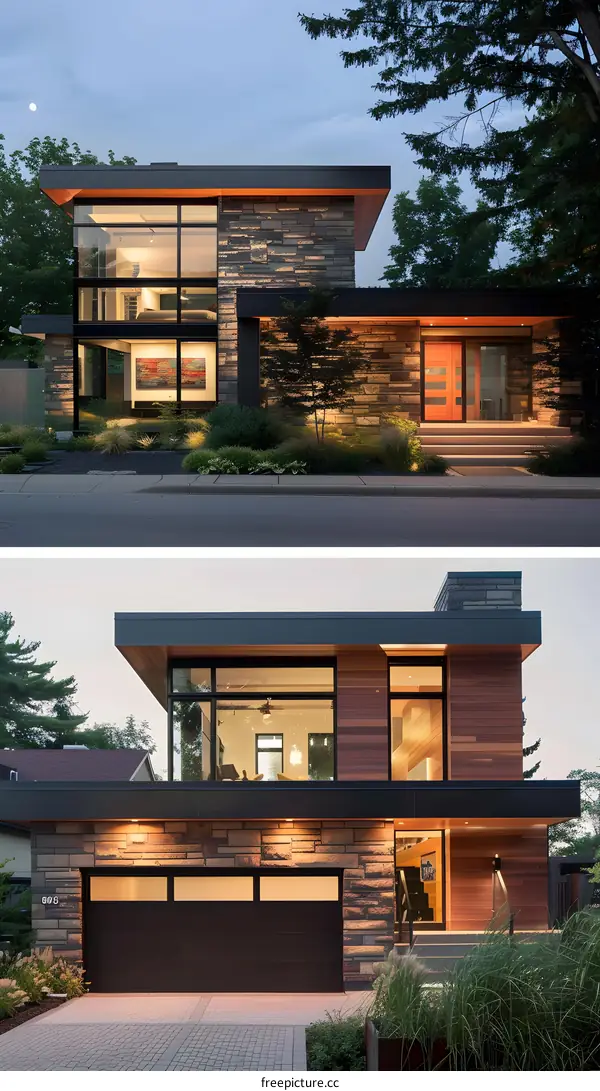 Modern House Exterior Design With Stone And Wood Siding