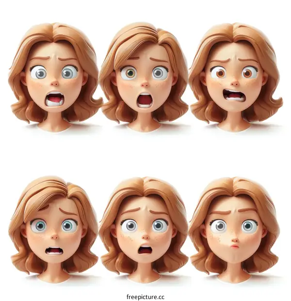 3D illustration of a woman with different facial expressions