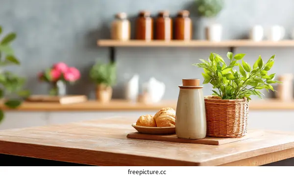 Kitchen Table Scene with Food and Plants