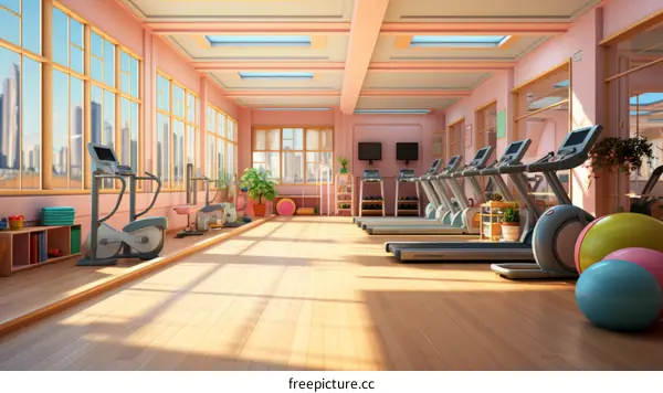 An illustration of a modern gym with pink walls and large windows