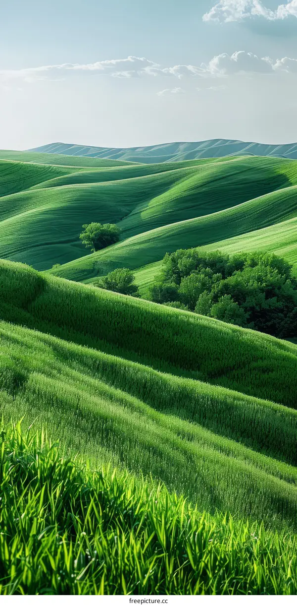 Picturesque green hills undulate under a cerulean sky