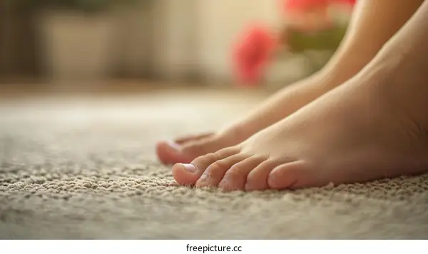 Little girl sitting on the carpet with bare feet