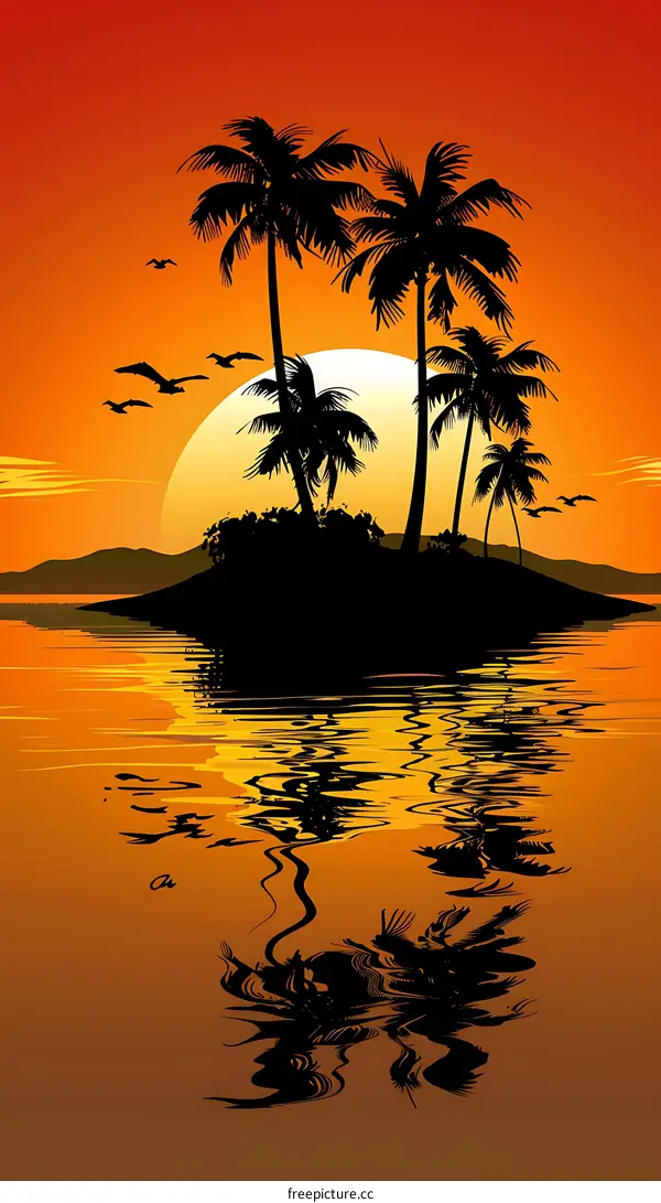 Sunset Palm Trees Silhouette on an Island