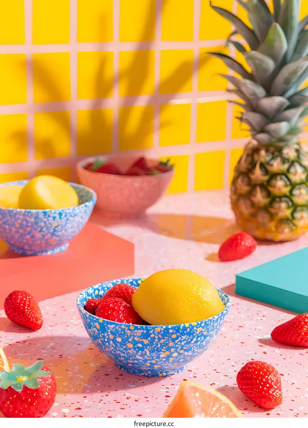 Colorful Bowls with Fresh Fruit on Pink Tabletop