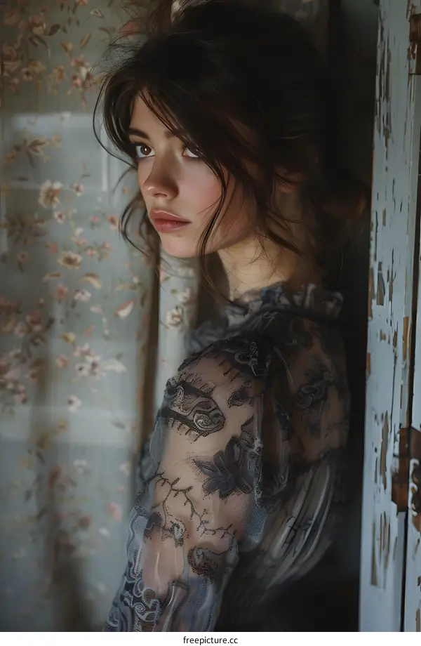Portrait of a girl in a lace dress standing next to a door