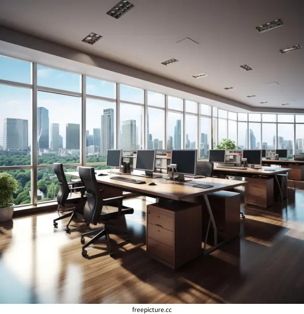 Office interior with large windows and city view