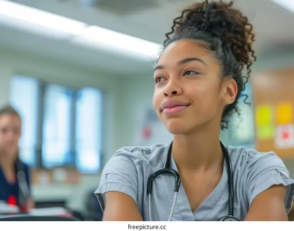 A young female medical professional wearing a stethoscope around her neck