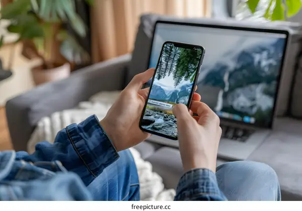 Person Holding Phone With Mountain View On Screen