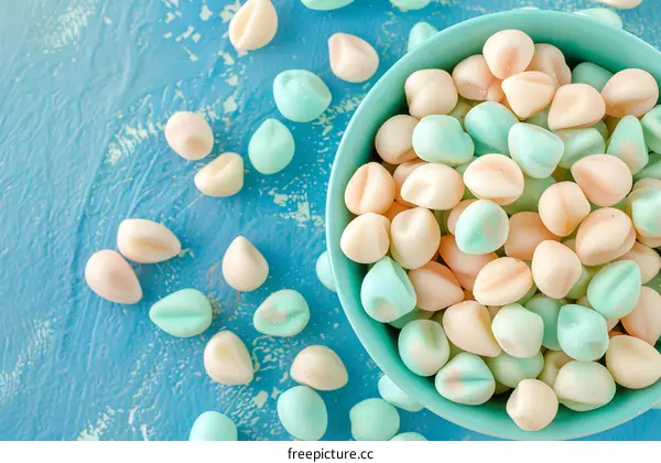 Mint and Peach Gummy Candy on Blue Background