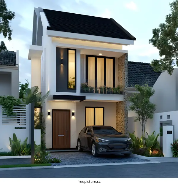 Modern Minimalist Two Story House Design with Black Roof and Car in Front