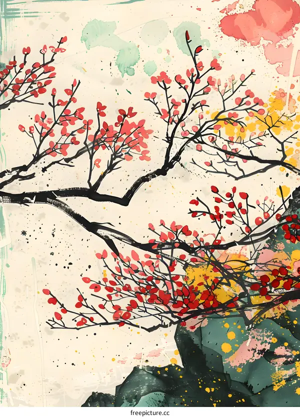 Abstract Watercolor Painting of a Branch with Red Berries