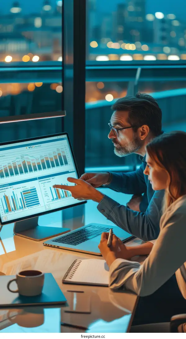 Two business people are working late in the office looking at graphs and charts on a computer screen discussing business strategy.