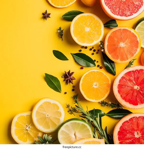 Citrus Fruit and Spices on Yellow Background