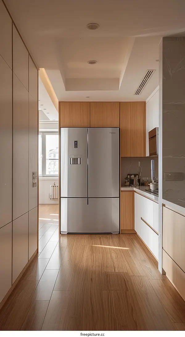 Perspective of a domestic kitchen with a large fridge in the middle