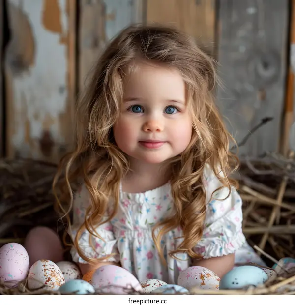 Little girl with curly blonde hair sitting in a nest of Easter eggs