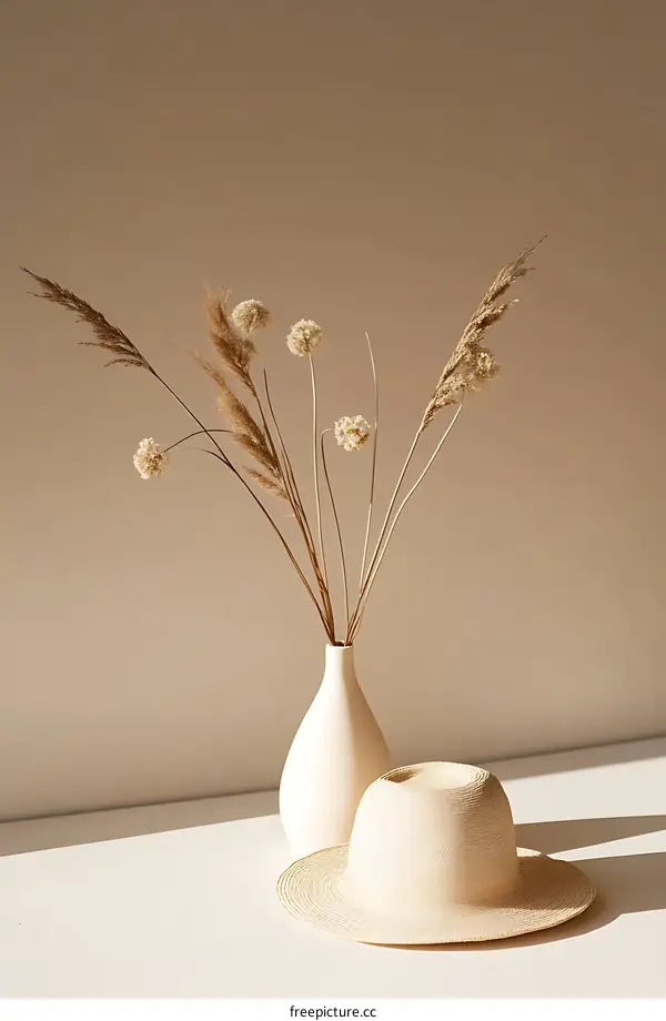 Dried Flowers in Vase and Straw Hat Minimalist Still Life
