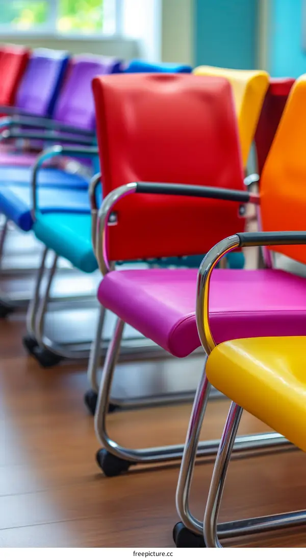 A row of colorful chairs in an empty room