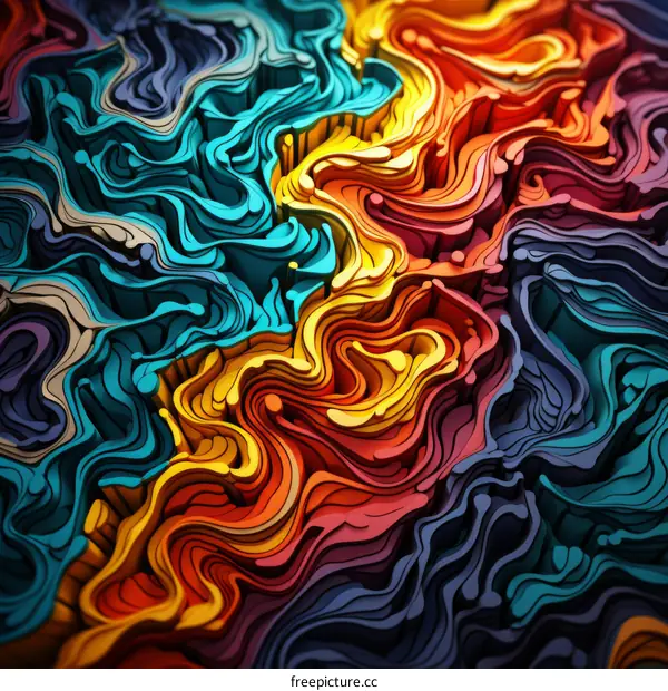 Colorful 3D rendering of a wavy terrain