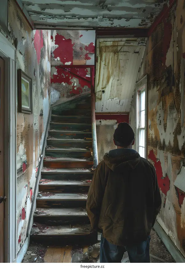 A man standing in a decrepit hallway with peeling red paint and a broken staircase