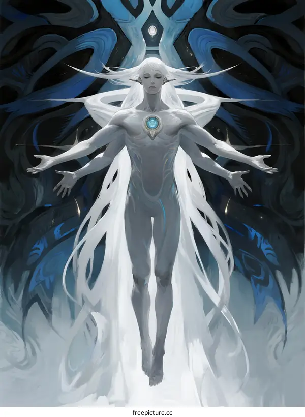 Ethereal White Angel with Multiple Arms and Flowing Wings in Dark Background