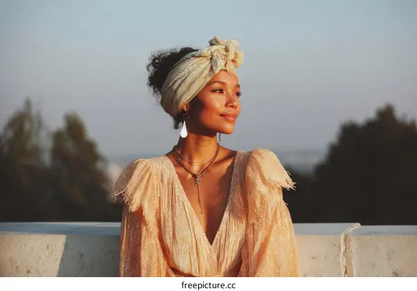 A Black Woman in a Stylish Gold Dress Outdoors