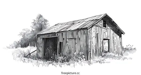 Black And White Pencil Drawing Of An Old Barn