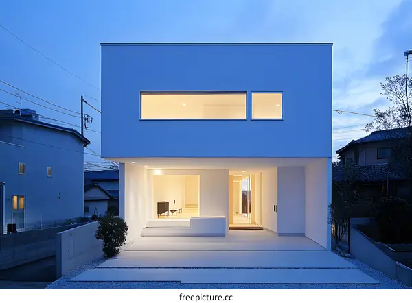 Modern Minimalist House Exterior Design with White Walls and Large Windows