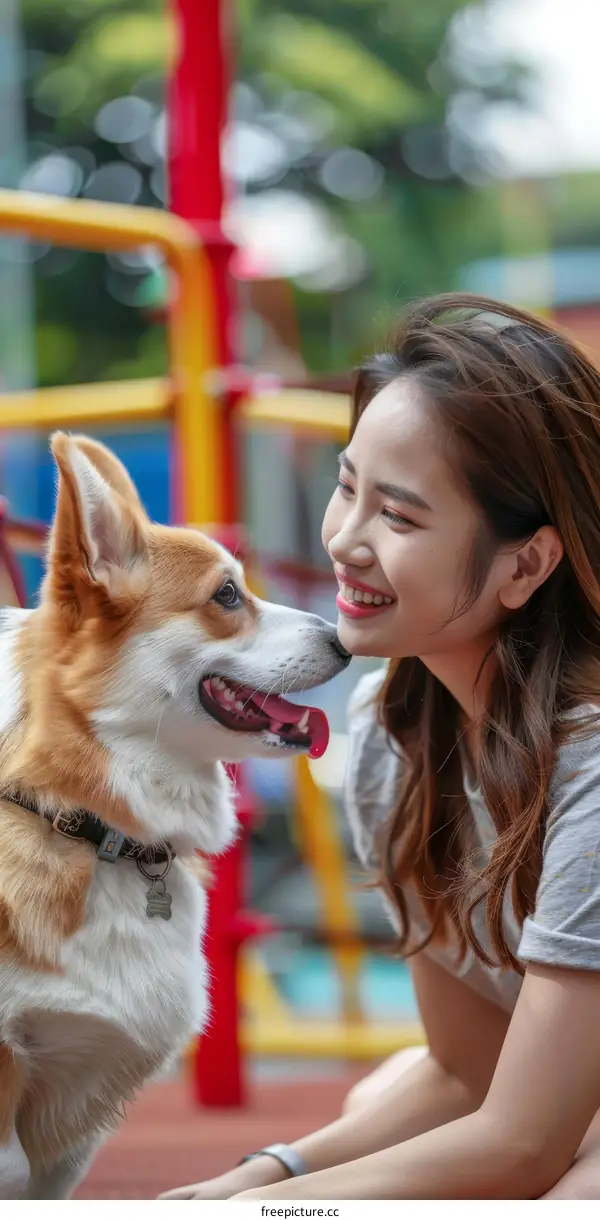 Asian woman smiling at a happy dog