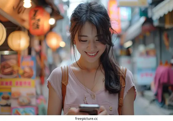 A young woman is using her phone while walking down a busy street in Asia