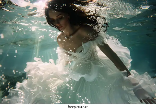 An underwater photo of a woman in a white dress