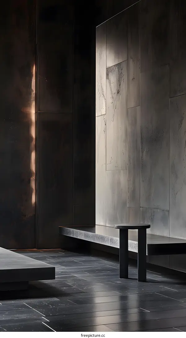 Minimalist Interior Design with Black Walls and a Concrete Floor