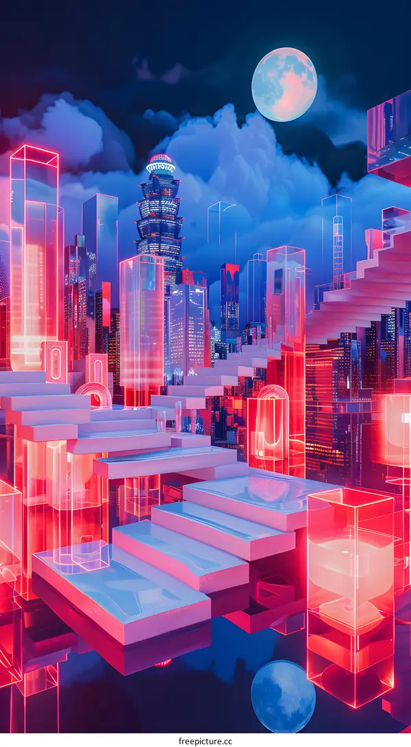 Neon Cityscape with Glass Buildings and a Full Moon