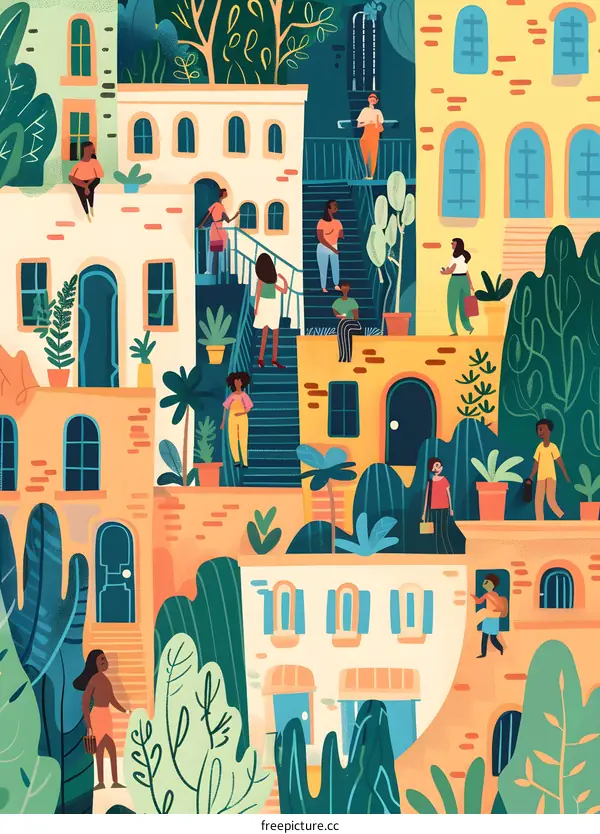 Colorful Illustration of a Neighborhood with People