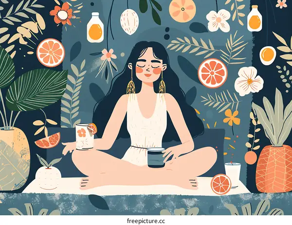 Woman Relaxing in a Tropical Garden Illustration