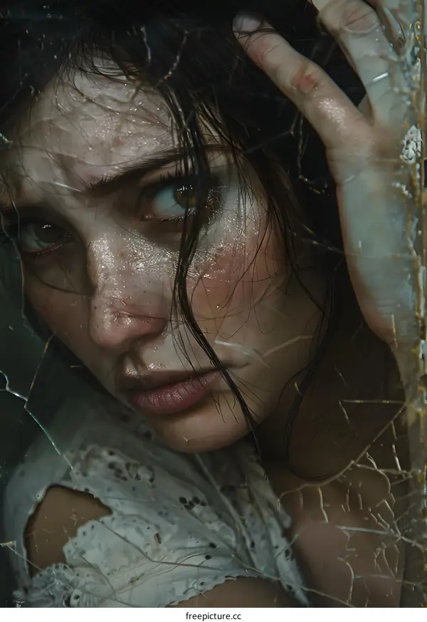 Closeup of a Woman Looking Through Cracked Glass