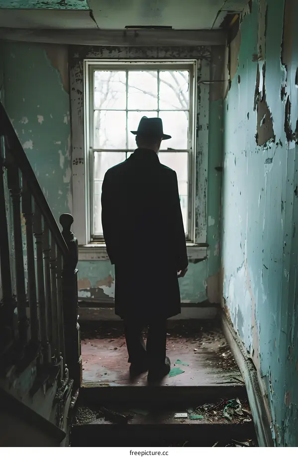 Man in Black Coat Standing in Abandoned Building Looking Out Window