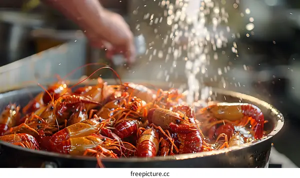 Chef Cooking Fresh Crayfish in a Wok