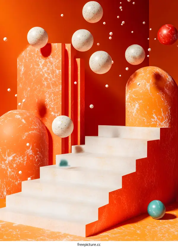 Abstract Orange Background With White and Blue Spheres and Stairs